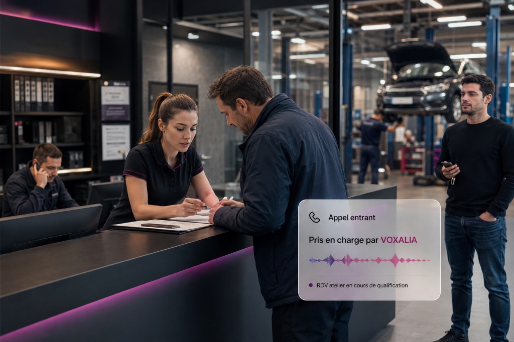 Centre auto : appel entrant pris en charge par VOXALIA pendant que les équipes accueillent les clients